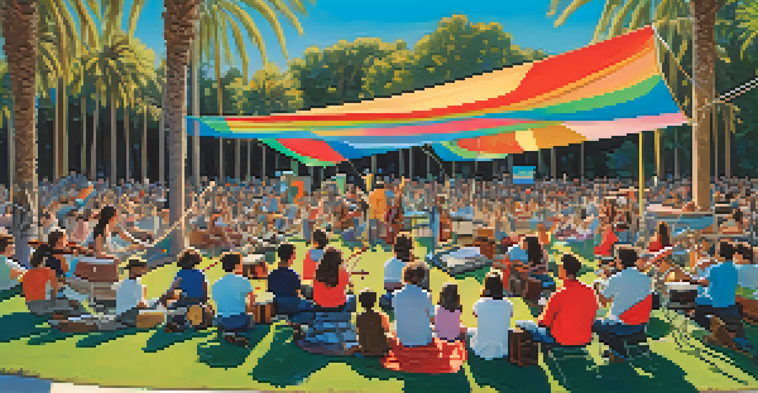 A lively outdoor music program in a park with musicians performing and an audience enjoying the show.