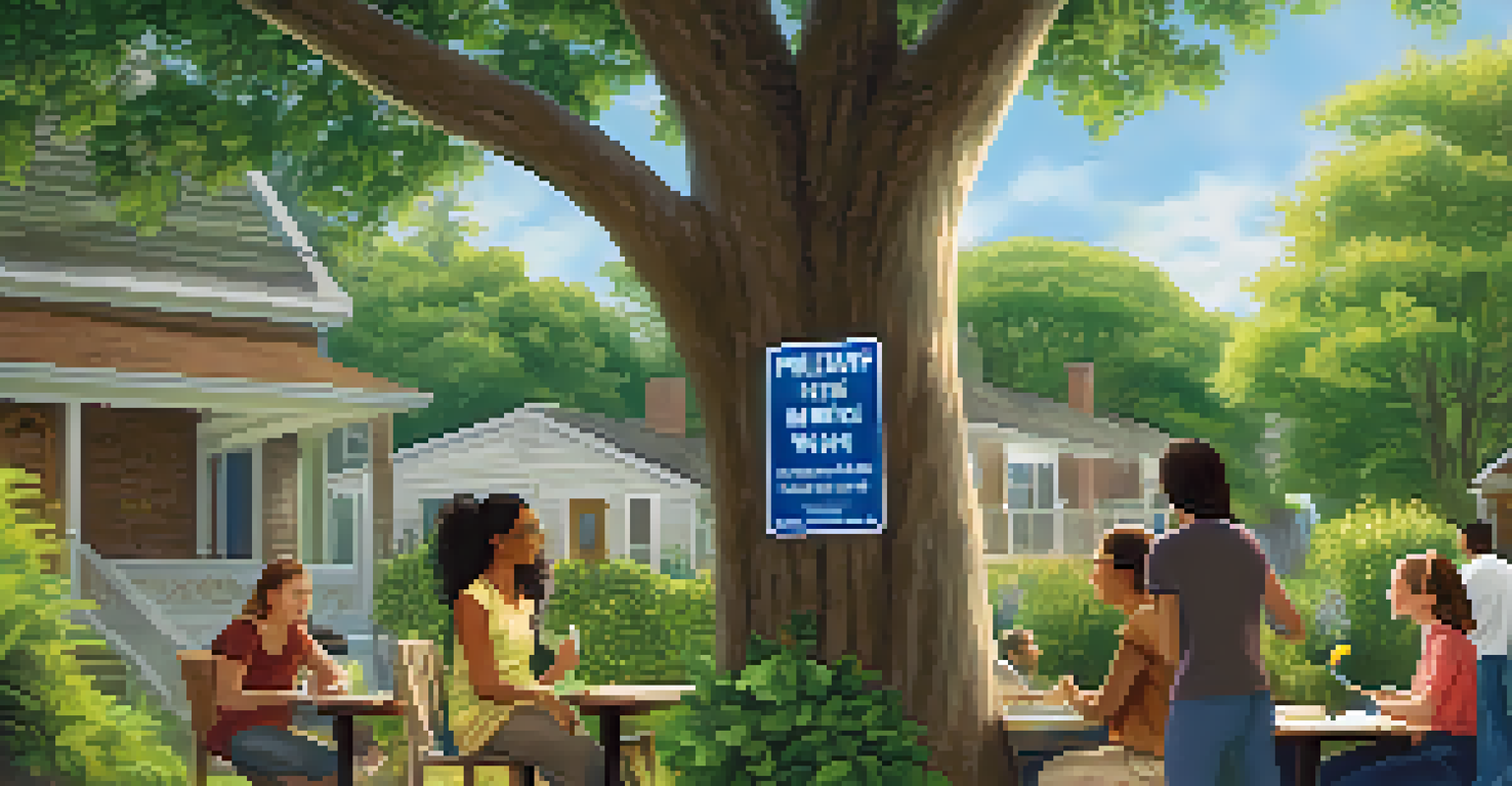 A close-up of a neighborhood watch sign on a tree with residents collaborating in the background, creating a warm community atmosphere.