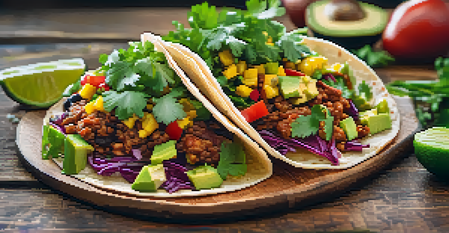 A close-up of a gourmet vegan taco with jackfruit and fresh vegetables on a wooden table, with a street food setting in the background.