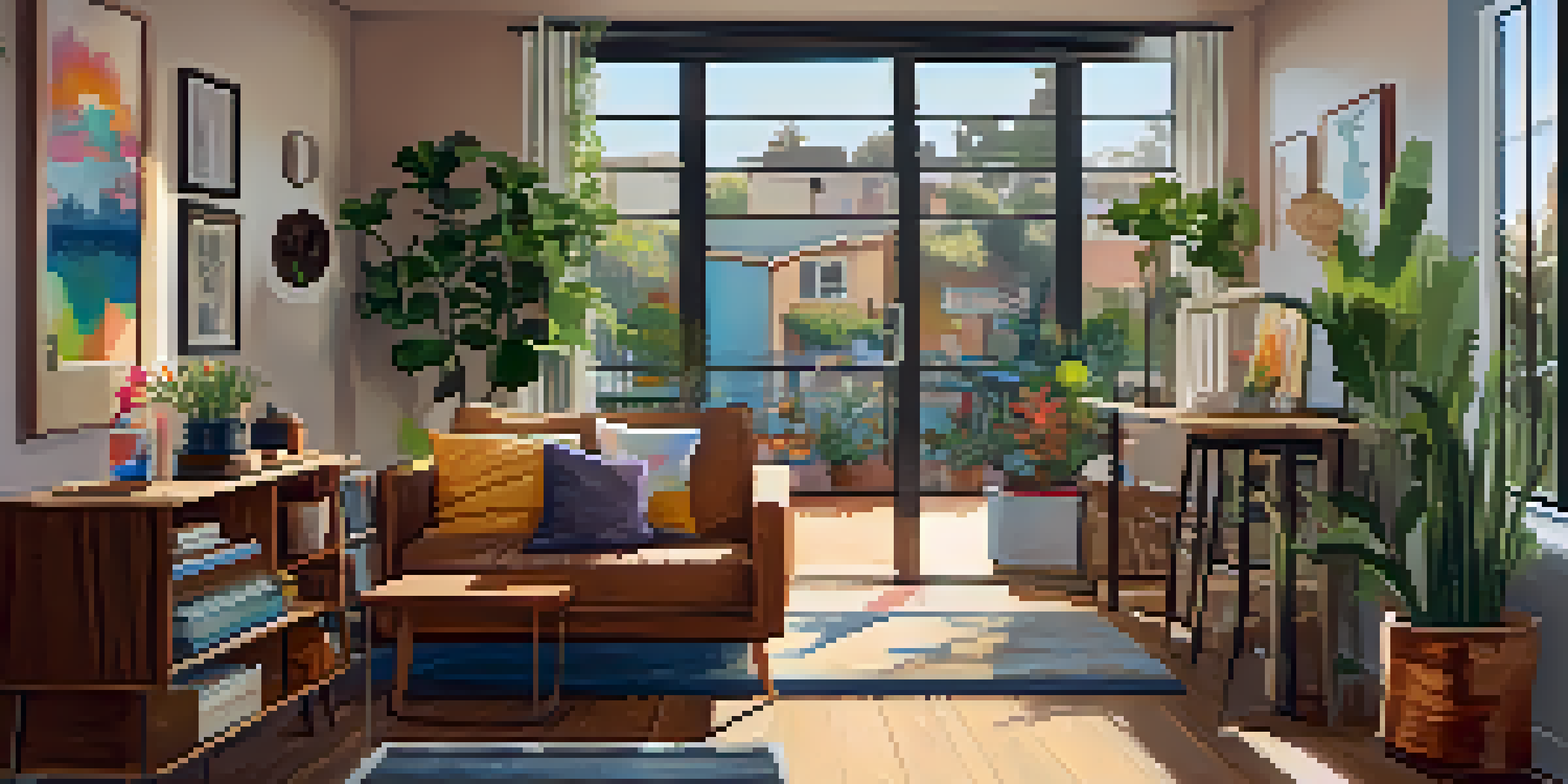 A cozy studio apartment with warm wood tones and colorful art, featuring a small kitchenette and a comfortable sitting area.