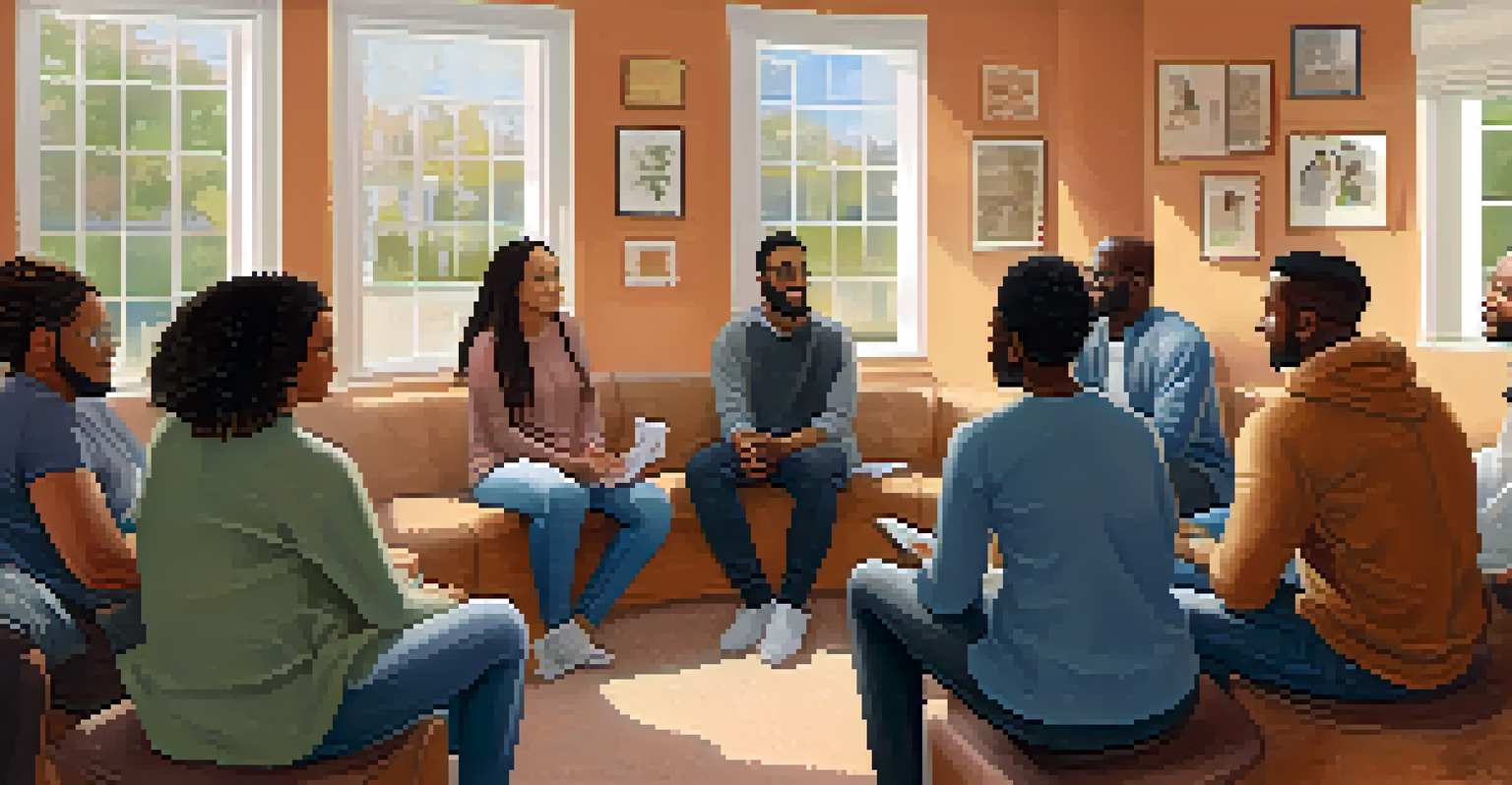 A diverse support group meeting in a cozy room, highlighting inclusivity and conversation among individuals.