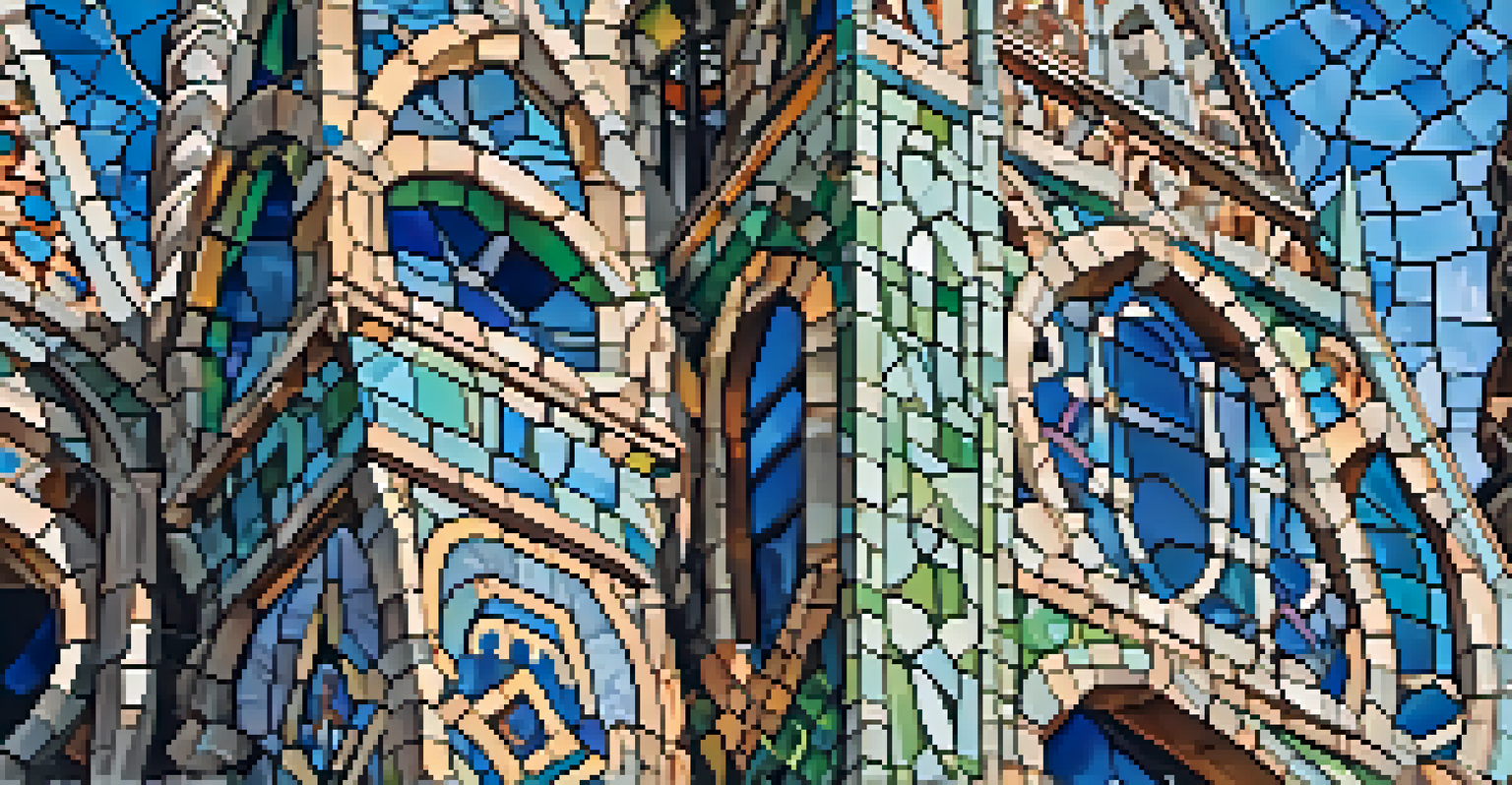A close-up view of a mosaic-covered spire of the Watts Towers, showcasing colorful glass and tile patterns.
