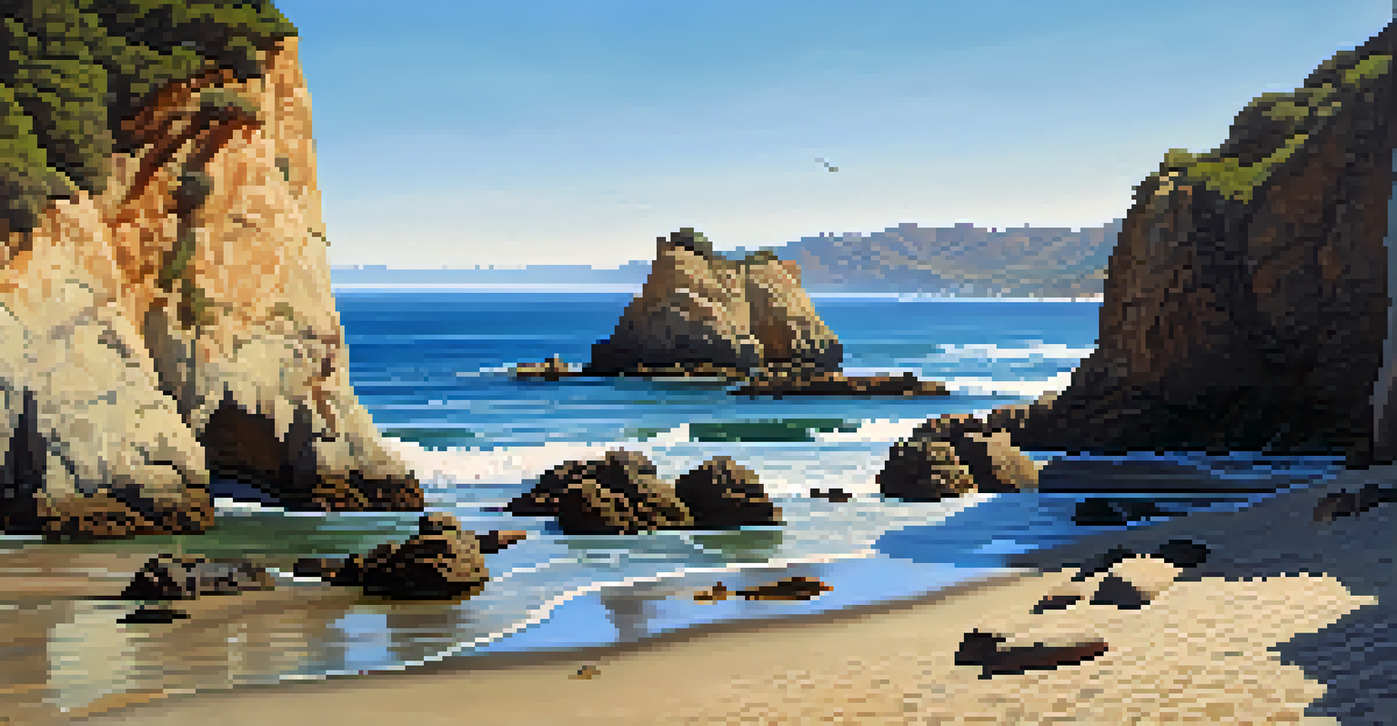 A tranquil view of Malibu Beach with cliffs and hidden coves, where a couple enjoys a picnic by the shore.