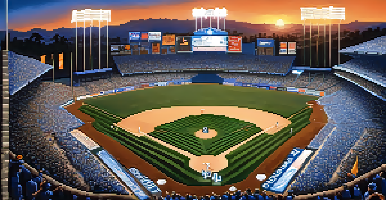 Aerial view of Dodger Stadium during a baseball game, with fans cheering and vibrant colors in the stands.