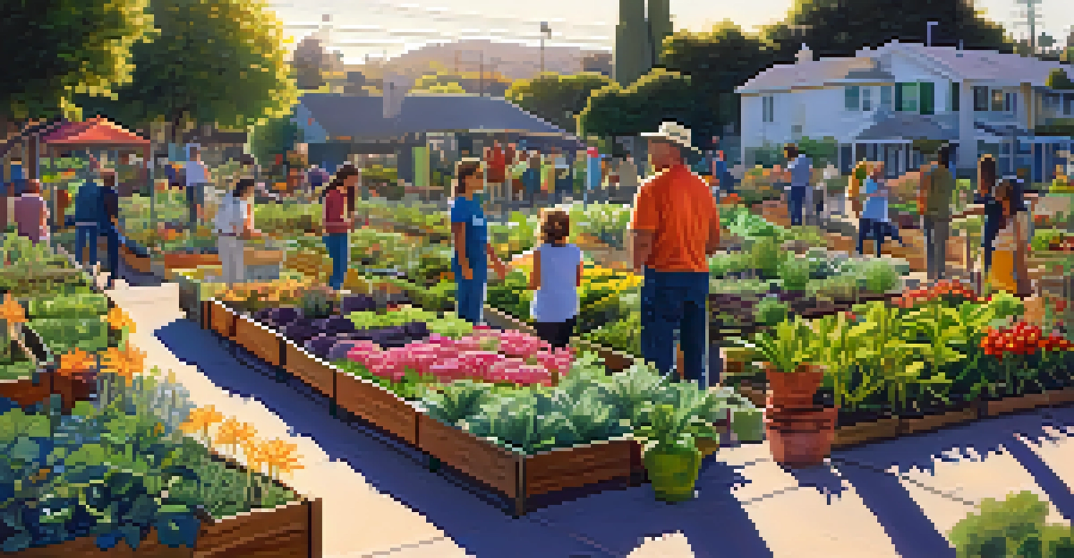 A community garden with people gardening, surrounded by plants, vegetables, and flowers, with colorful sustainable signage.