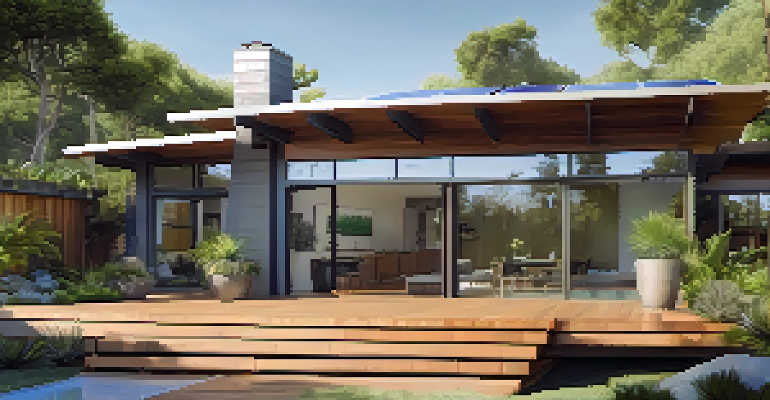 An eco-friendly modern home in Los Angeles with solar panels and green landscaping.