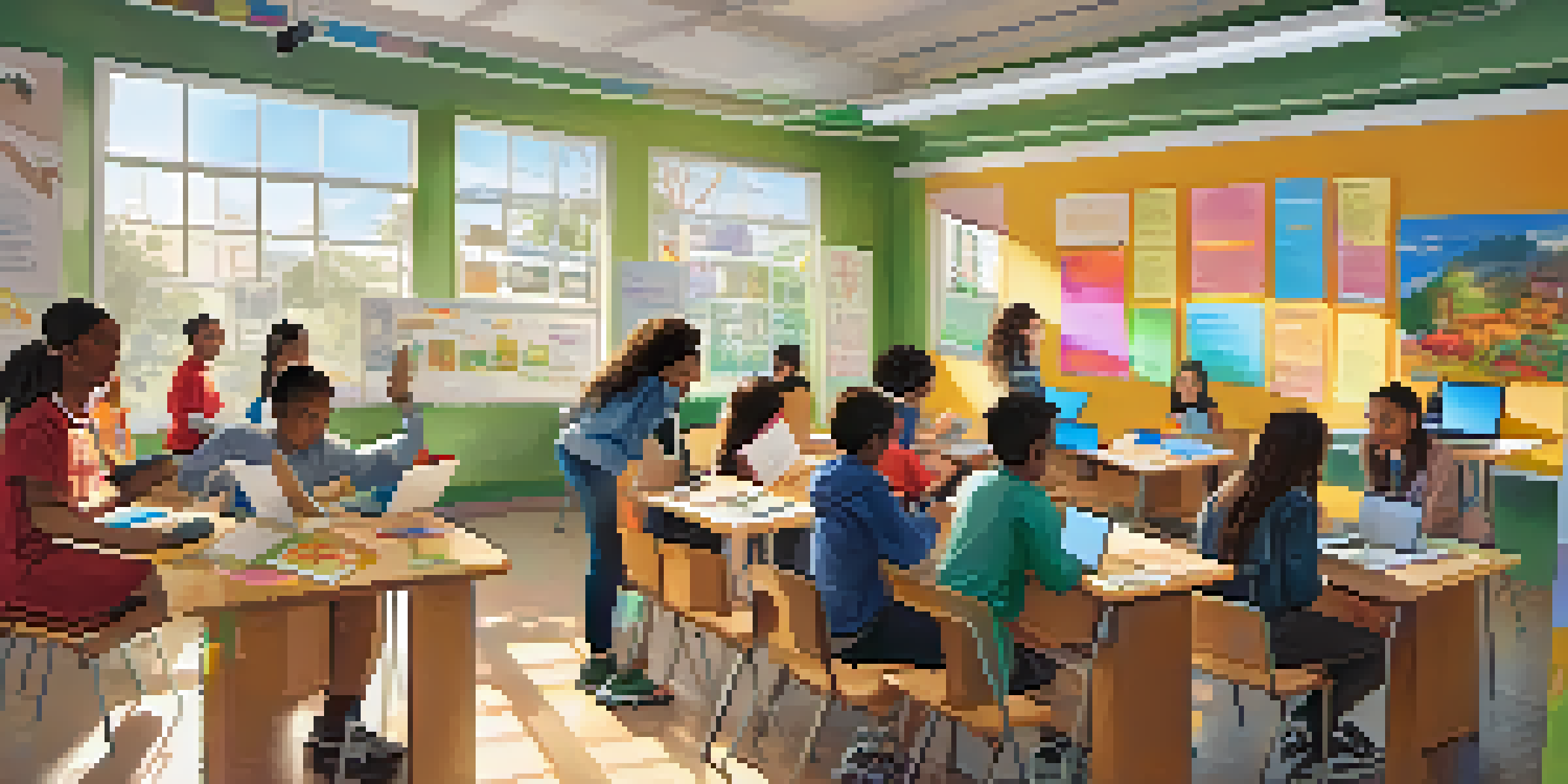 A lively classroom with diverse students using digital tools, featuring an interactive whiteboard and laptops, illuminated by sunlight.