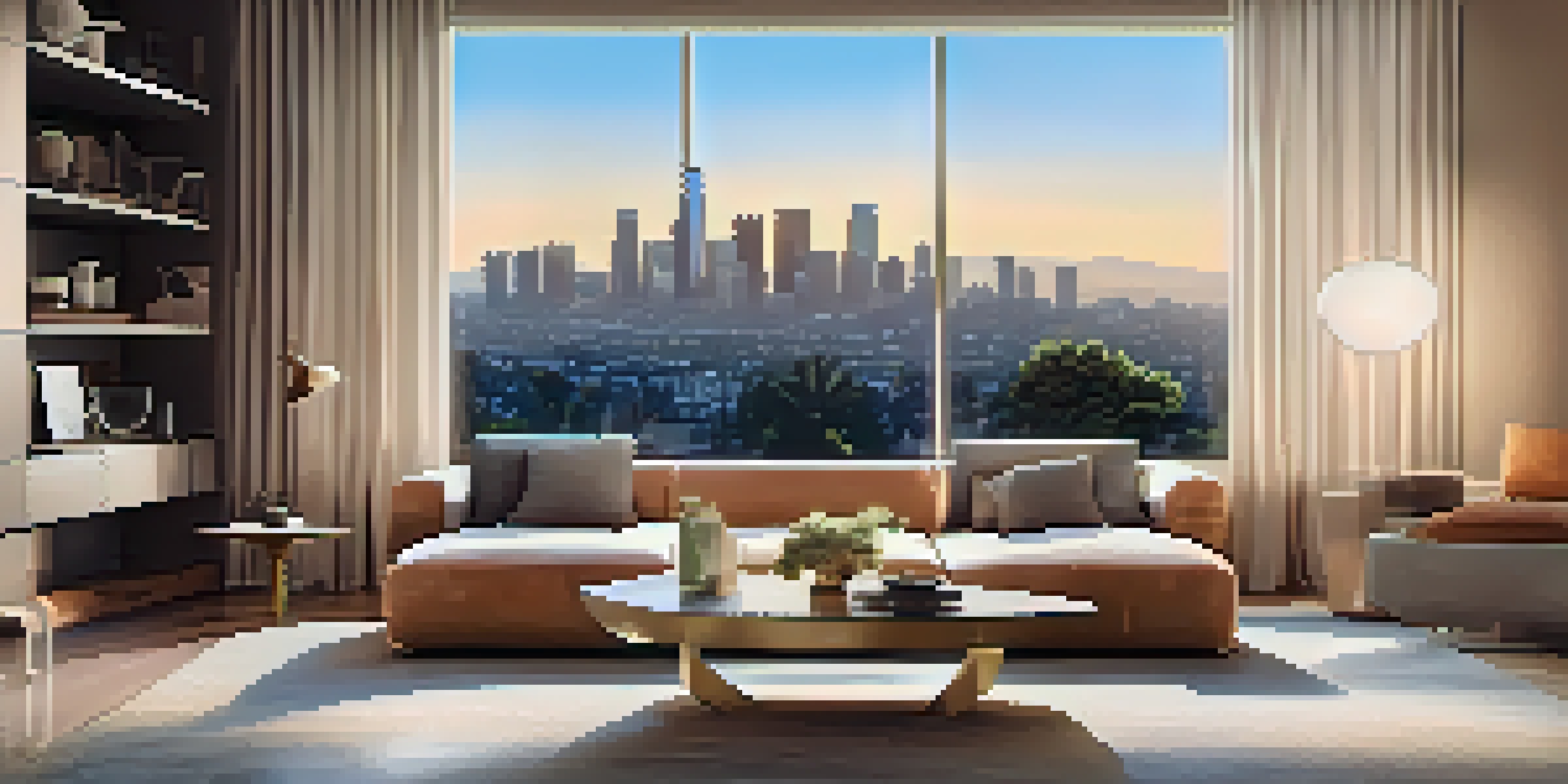 A modern living room in a smart home with a smart speaker and warm lighting, overlooking a sunny skyline.