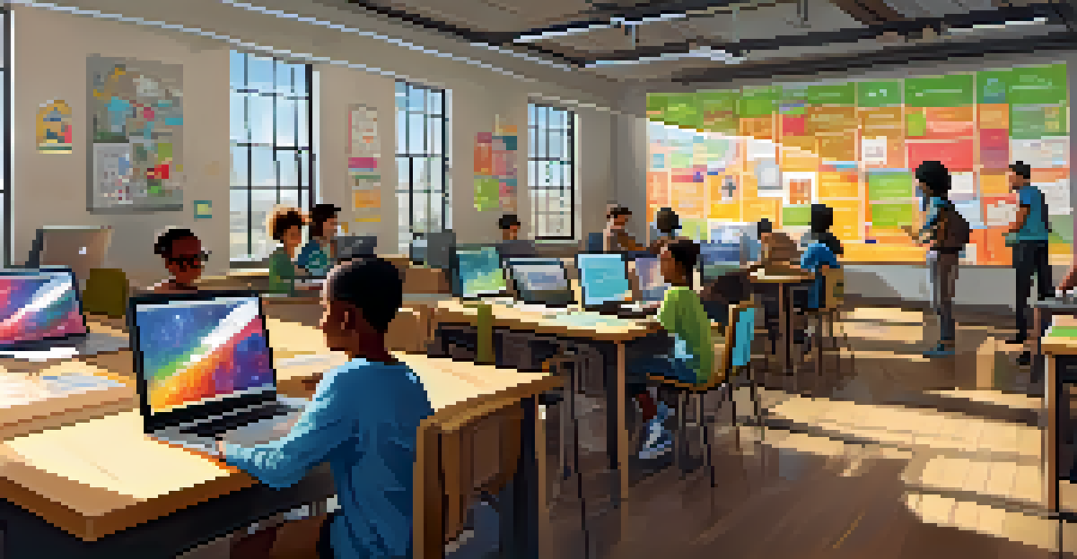A mentor guiding young participants in a coding workshop in a bright classroom filled with laptops and inspirational posters on the walls.