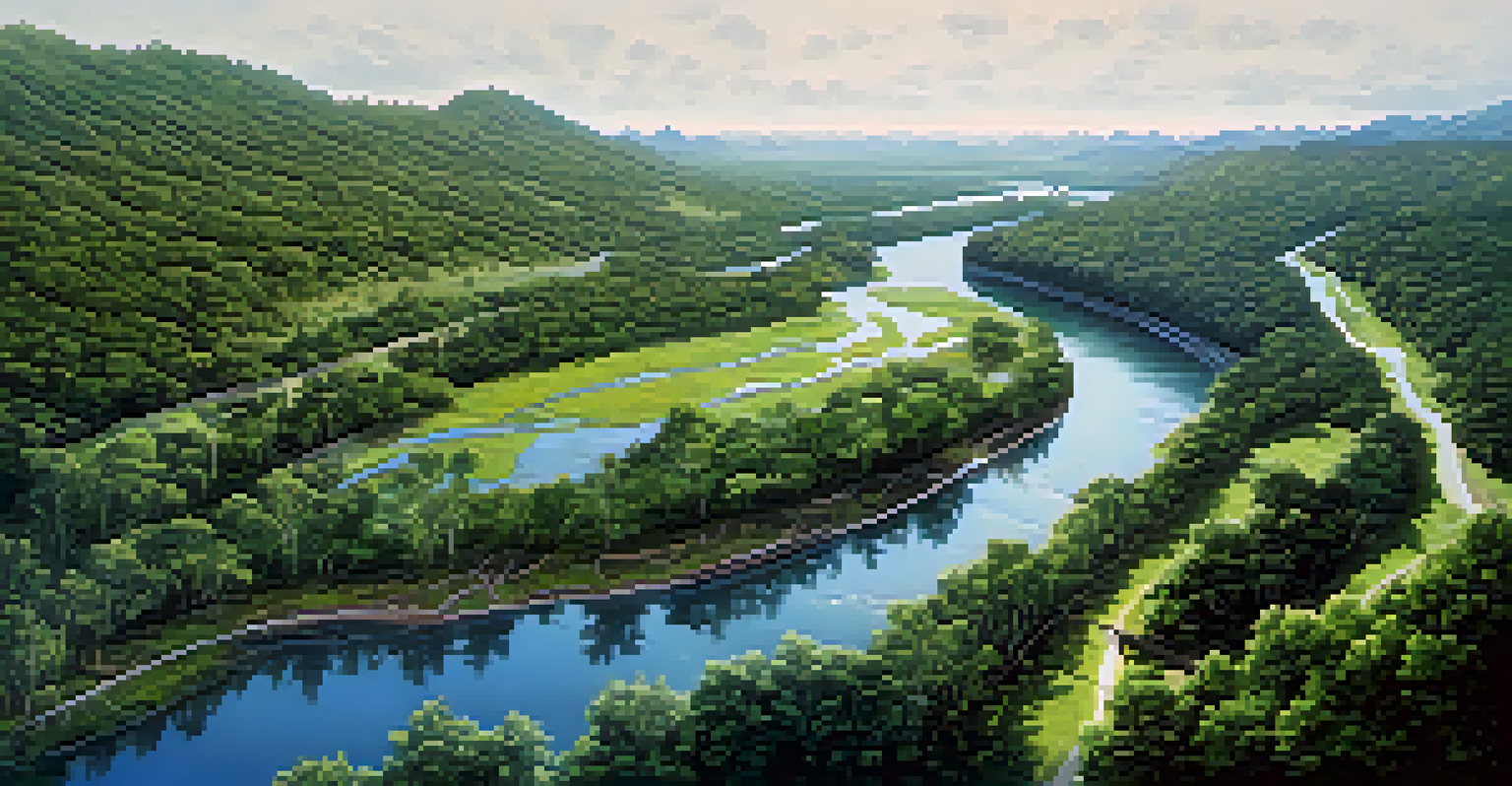 An aerial view of a restored river surrounded by lush vegetation and clear water.