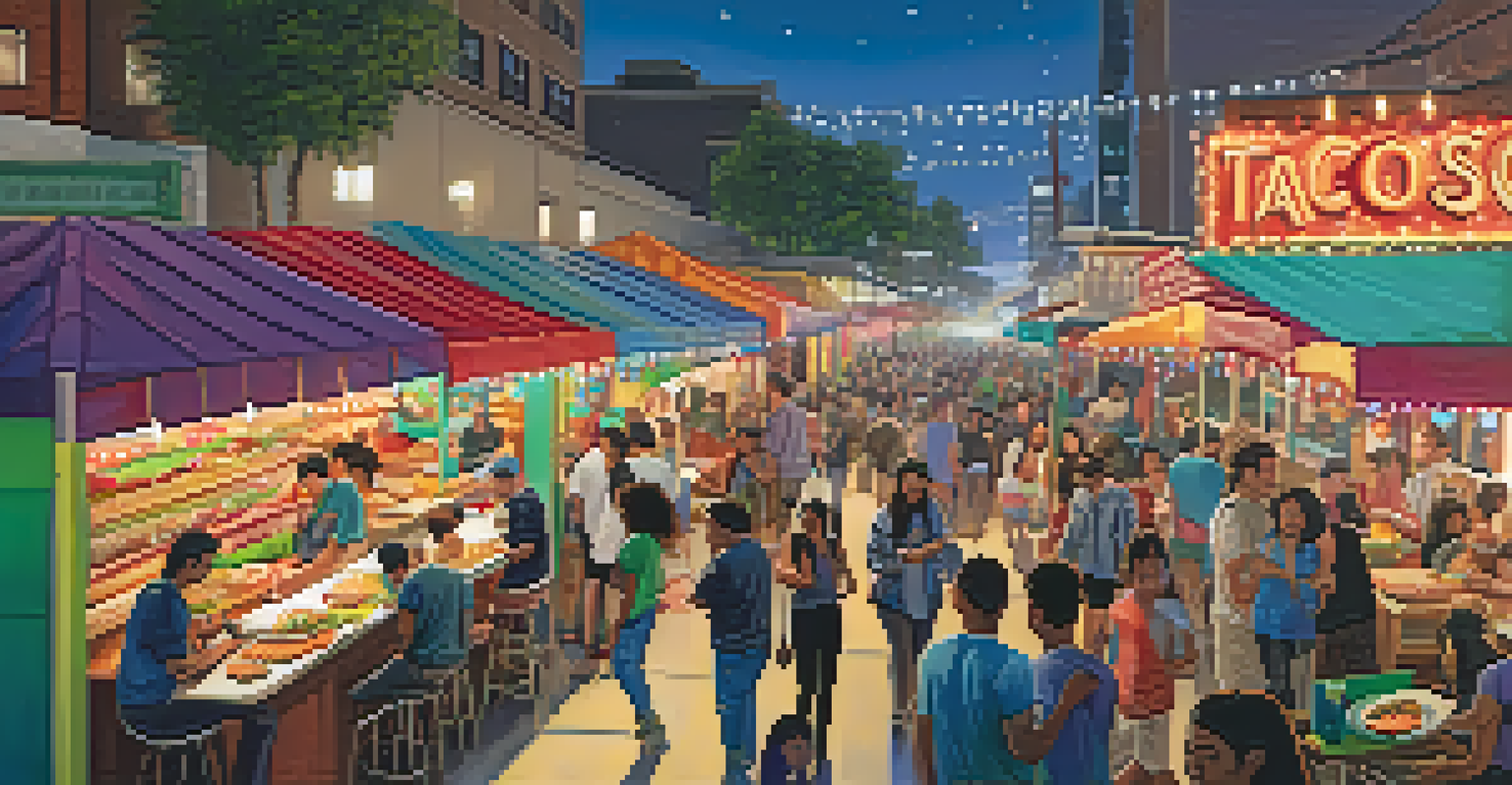 A colorful street filled with food trucks and diners in Downtown LA, showcasing a variety of late-night culinary delights.