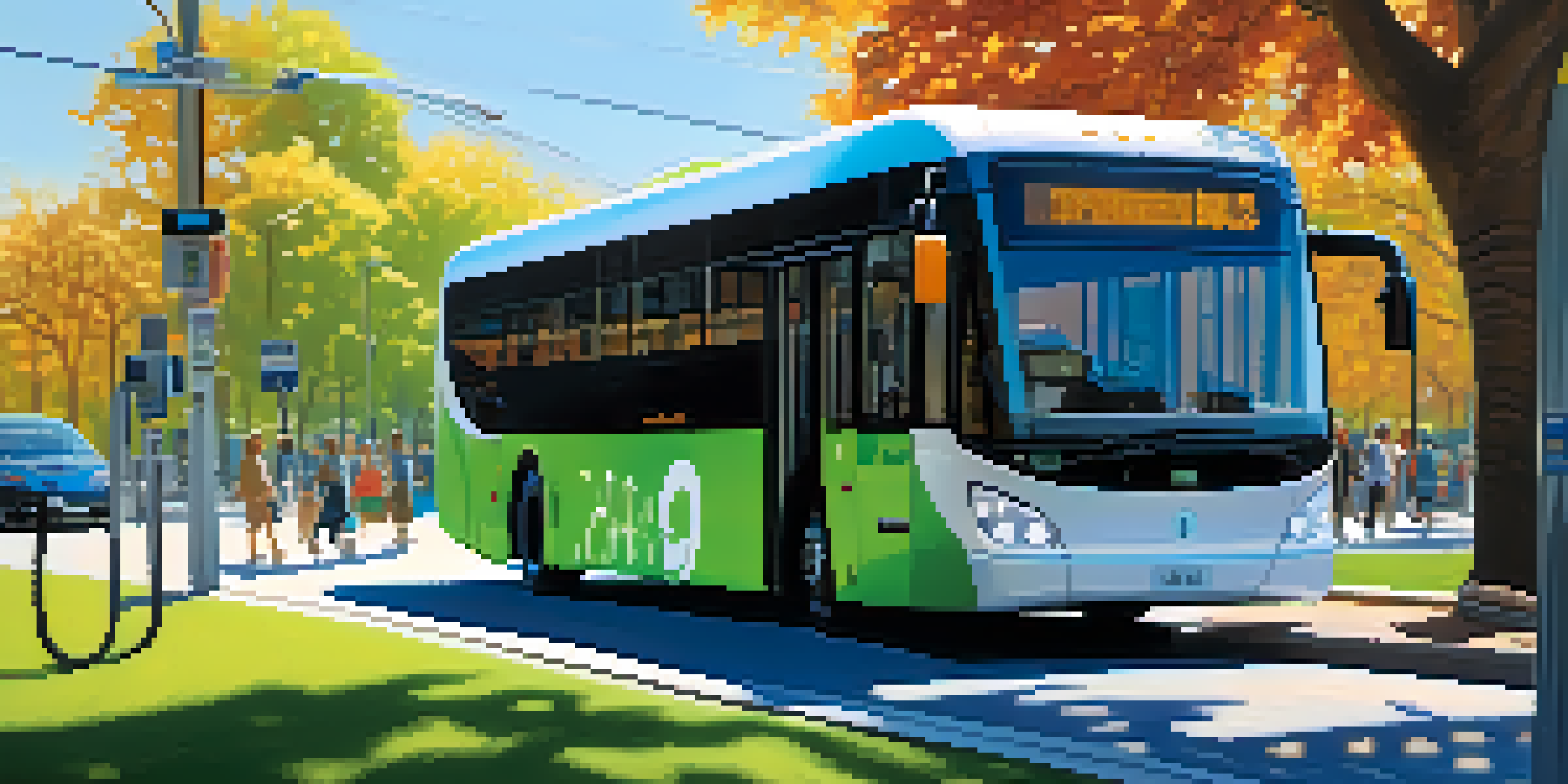 A modern electric bus charging in an urban environment with greenery and pedestrians.