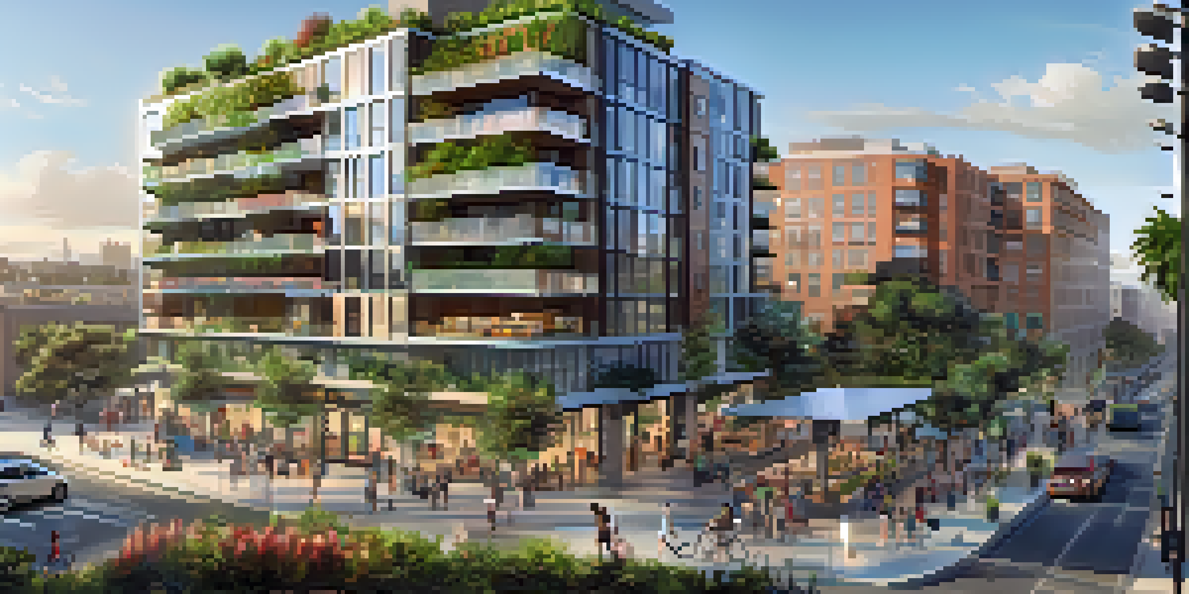 A busy urban scene in Los Angeles with a modern residential building featuring solar panels and gardens, and people enjoying the outdoors.