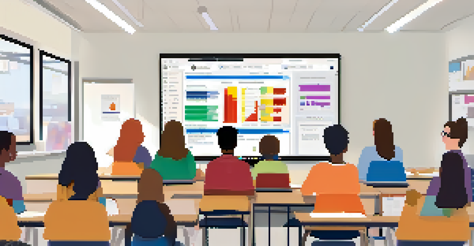 A teacher's laptop showing an AI assessment tool with student performance analytics in a classroom full of engaged students.