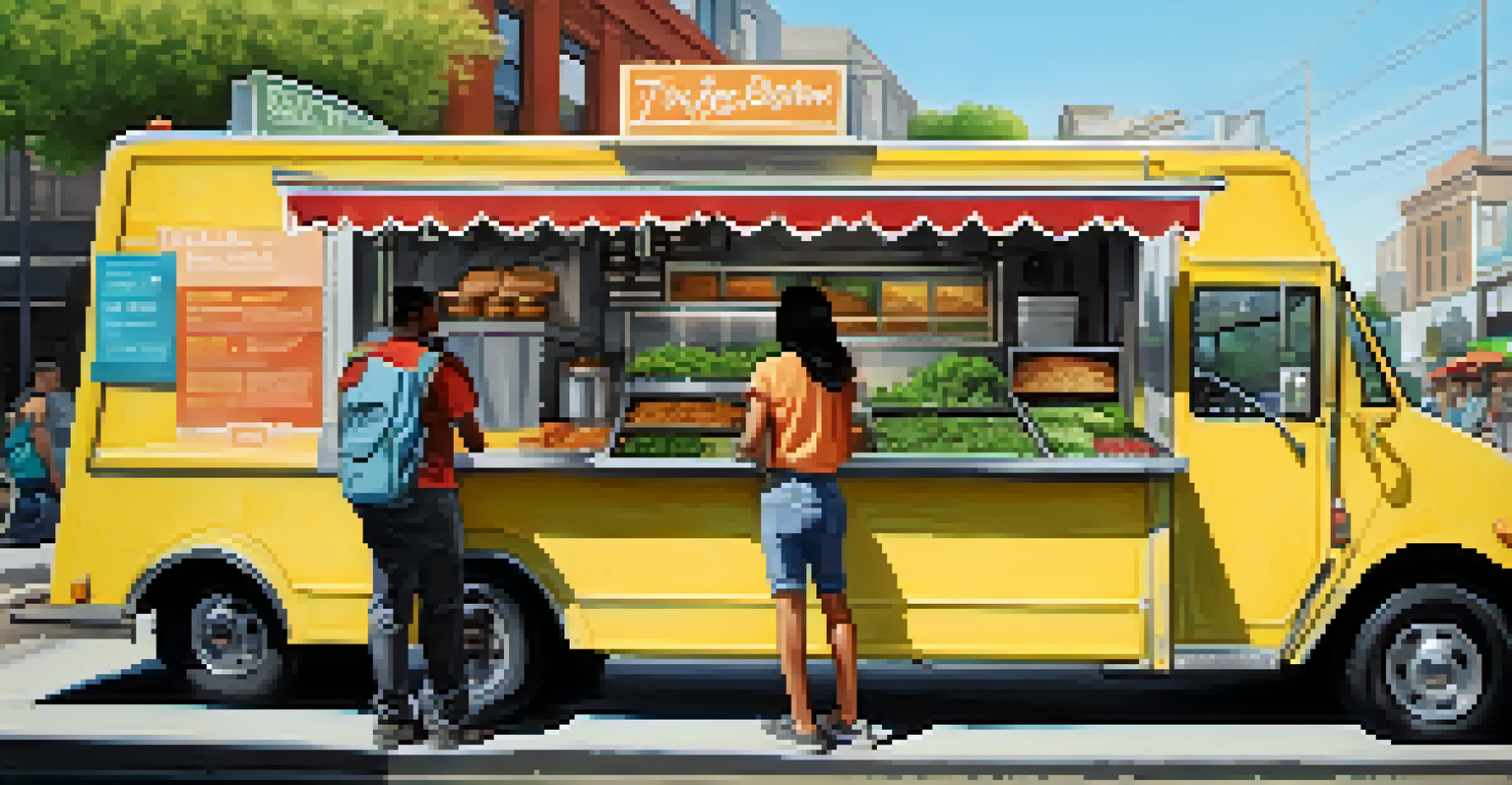 An artisan food truck displaying a menu of healthy street food options in a sunny urban setting.