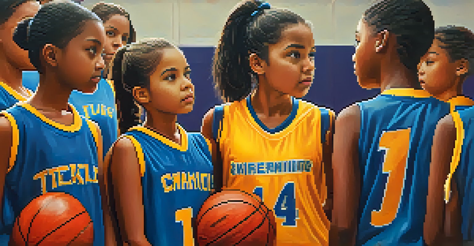 A young girl leading a huddle with her basketball team, demonstrating leadership and determination on the court.