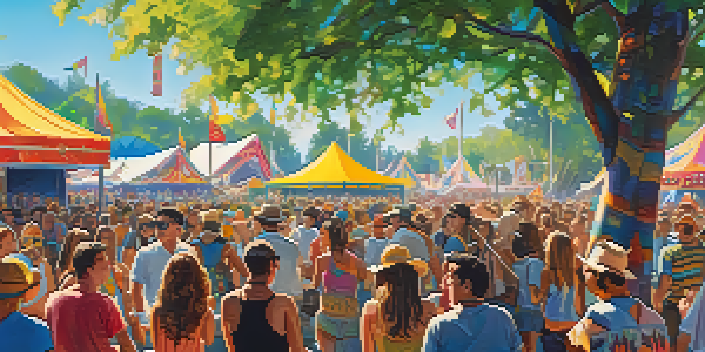 An outdoor music festival with a diverse crowd enjoying live performances, colorful banners, and a sunny atmosphere.