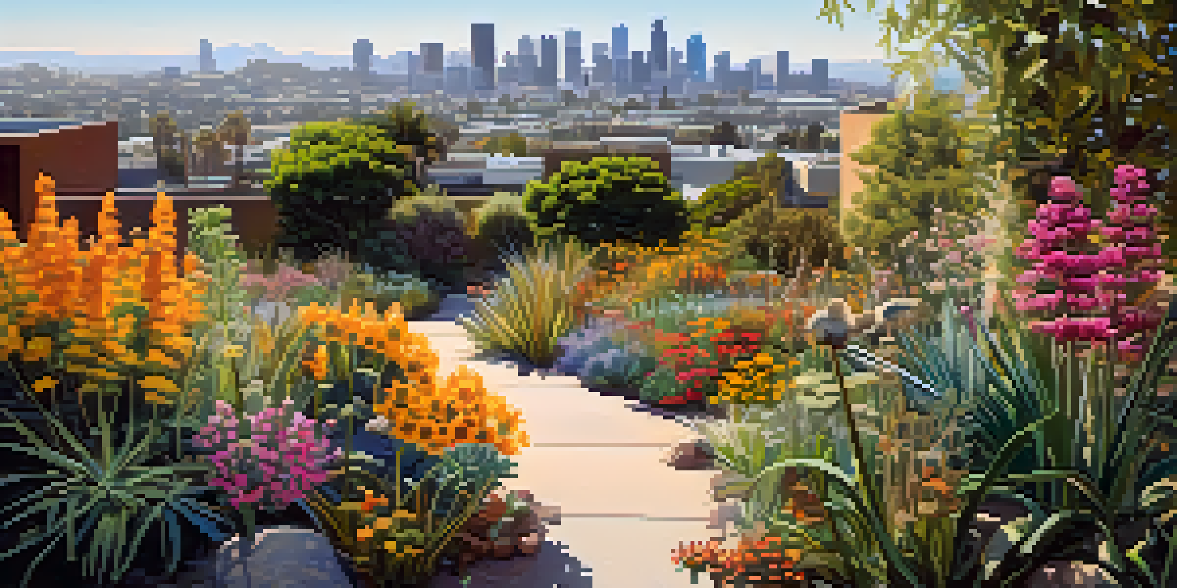 A colorful garden filled with native plants, butterflies, and a bird, set against the backdrop of Los Angeles city buildings.