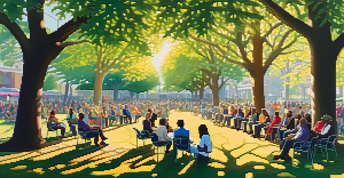 A diverse group of people gathered in a park for a community meeting about drug policy reforms, with colorful banners and sunlight filtering through trees.
