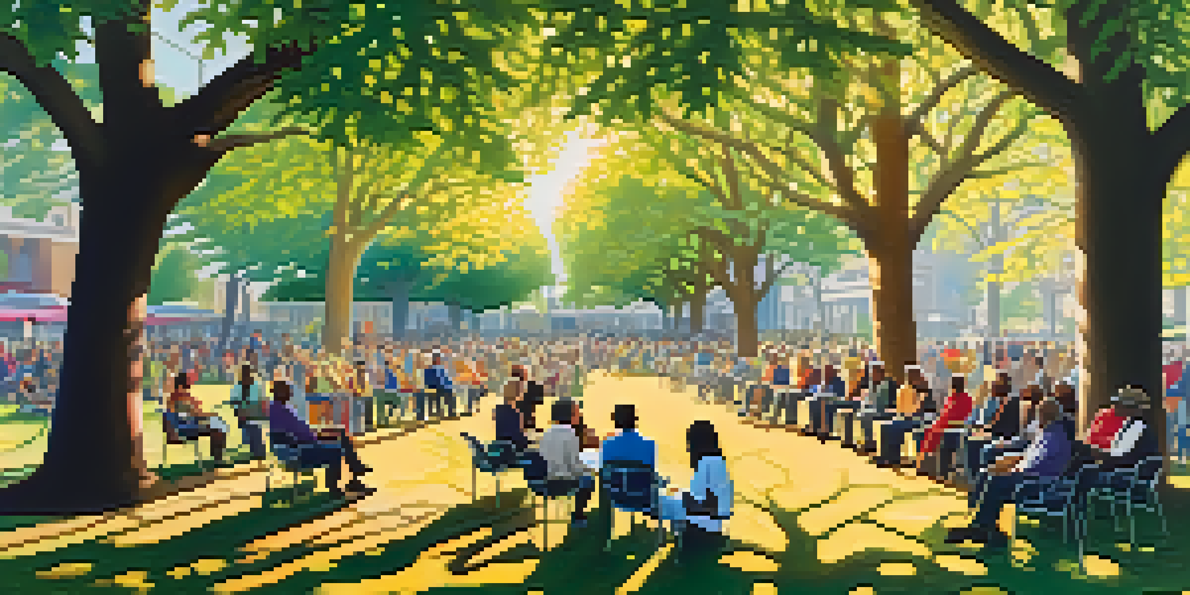 A diverse group of people gathered in a park for a community meeting about drug policy reforms, with colorful banners and sunlight filtering through trees.