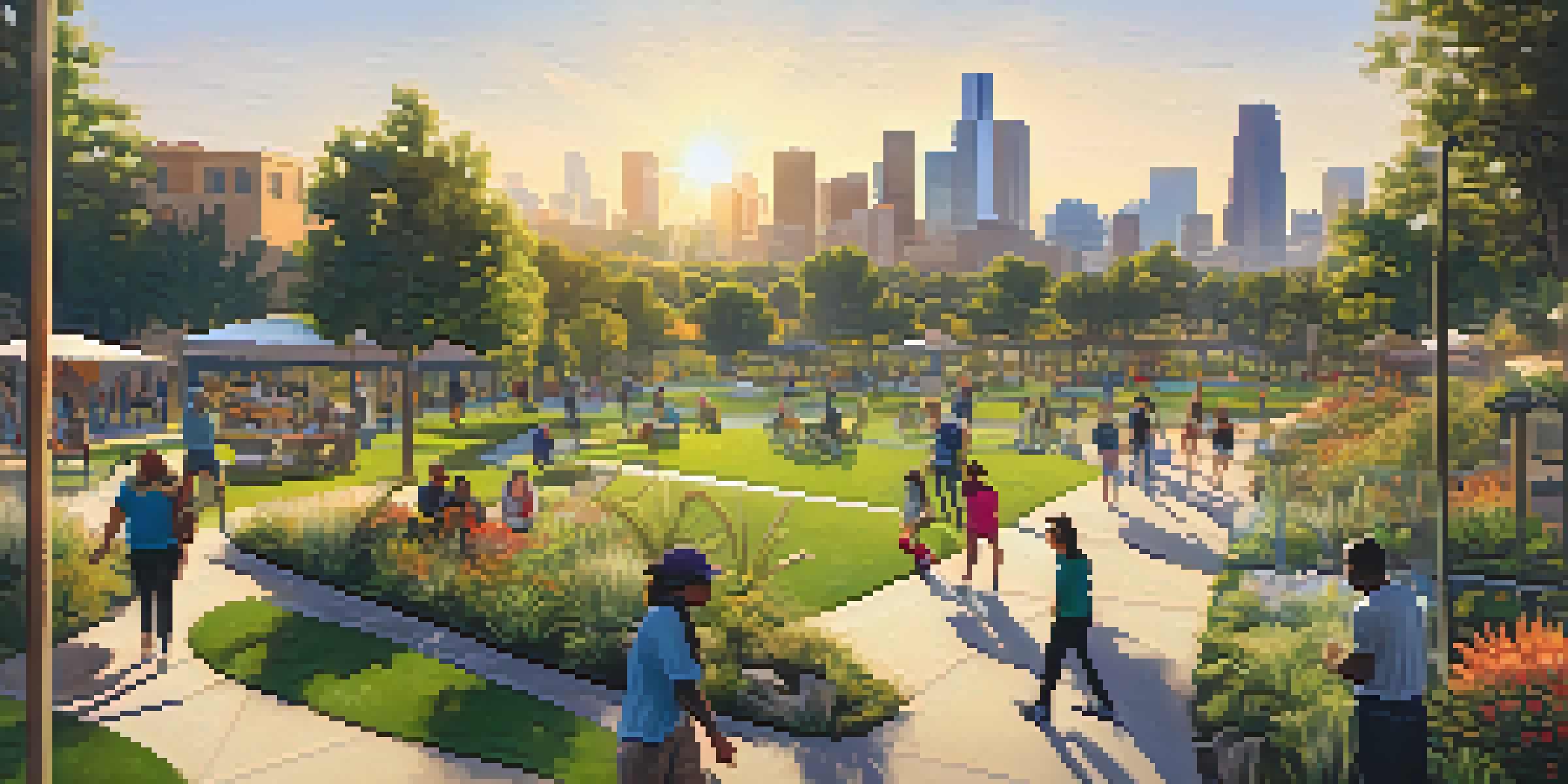 A lively urban park in Los Angeles with people engaging in activities amidst greenery and modern architecture under sunny skies.
