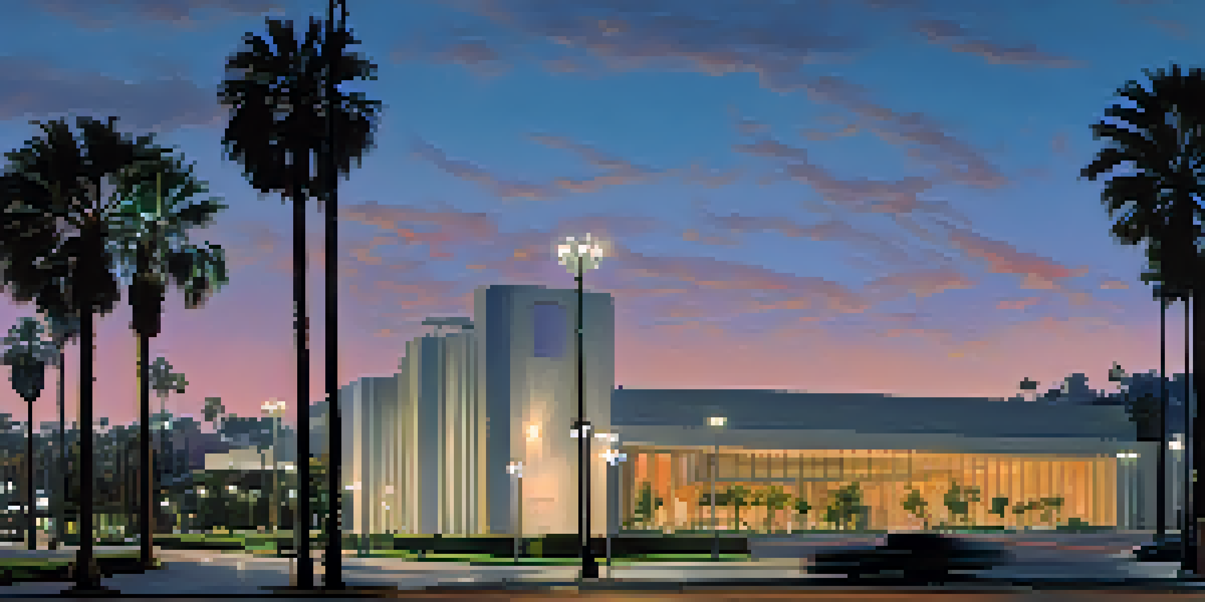 A view of LACMA with illuminated street lamps at dusk, showcasing its modern architecture and palm trees.