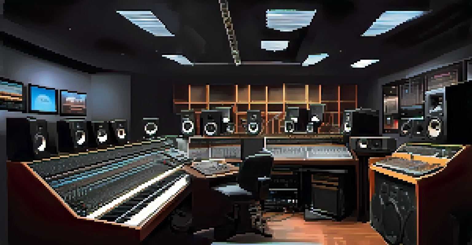 A contemporary recording studio in Los Angeles featuring diverse musicians collaborating with high-tech equipment.