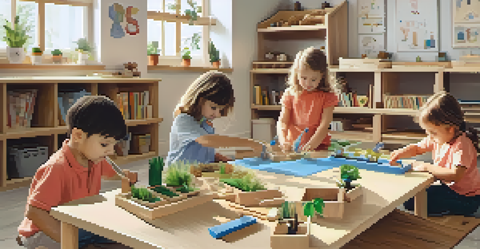 A Montessori classroom with children engaged in independent activities, surrounded by natural materials and a bright, organized space.