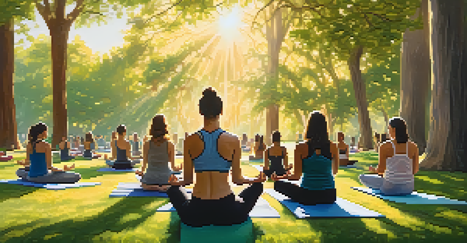 A yoga class in a sunny Los Angeles park with participants practicing mindfulness surrounded by greenery, promoting wellness culture.