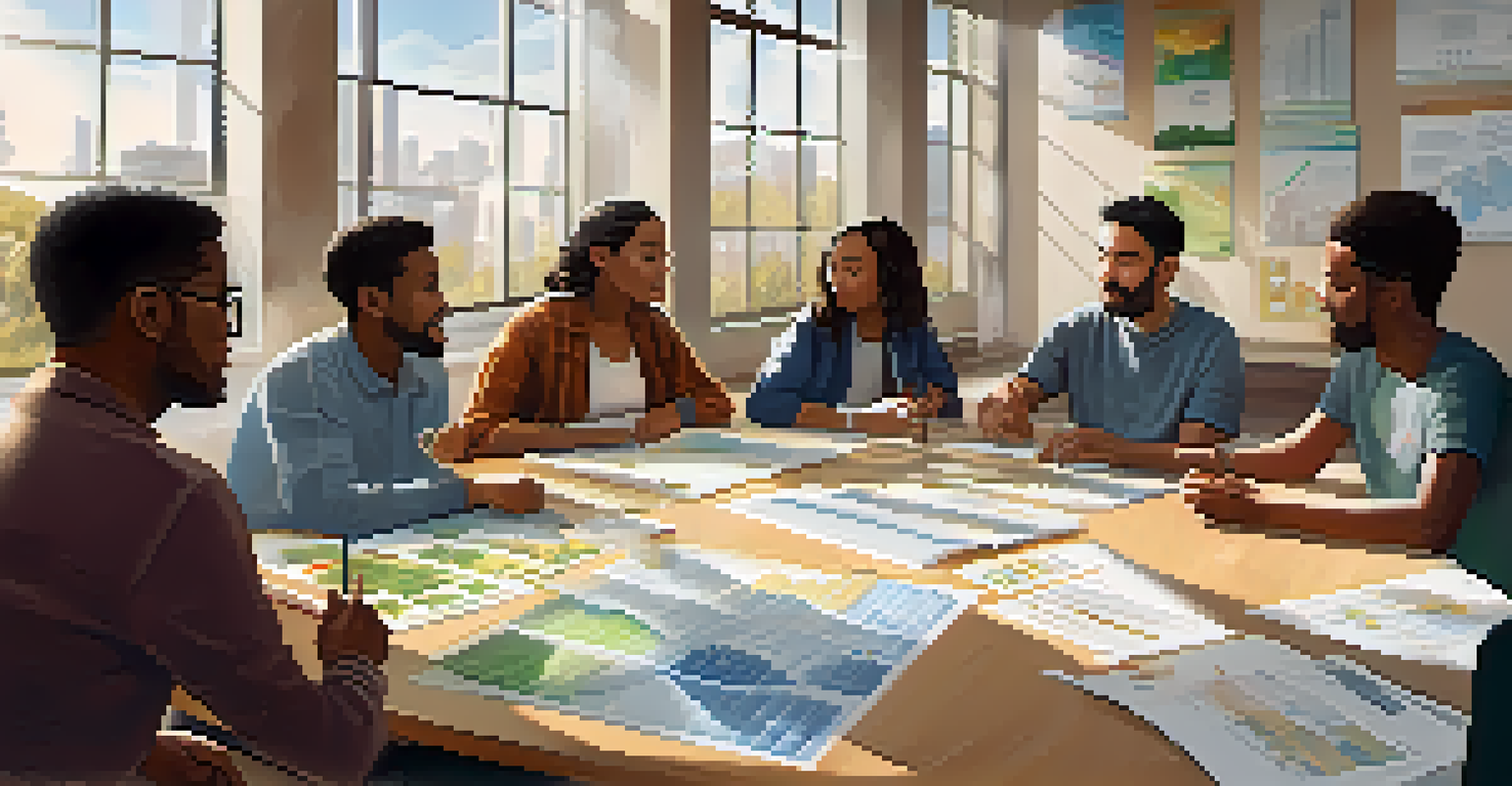 A community workshop about air quality with diverse participants discussing pollution data in a bright room.