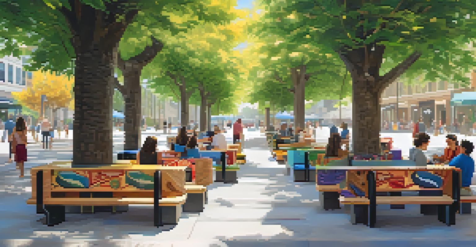 An urban plaza with colorful artistic benches that serve as mini-libraries, people sitting and reading, and trees providing shade in a sunny environment.