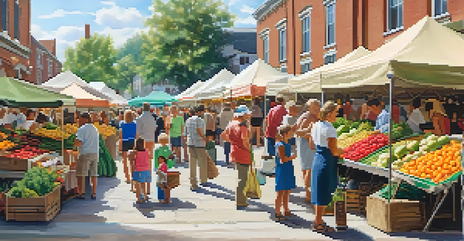 A busy farmers' market with stalls of fresh produce and people shopping and enjoying the atmosphere.