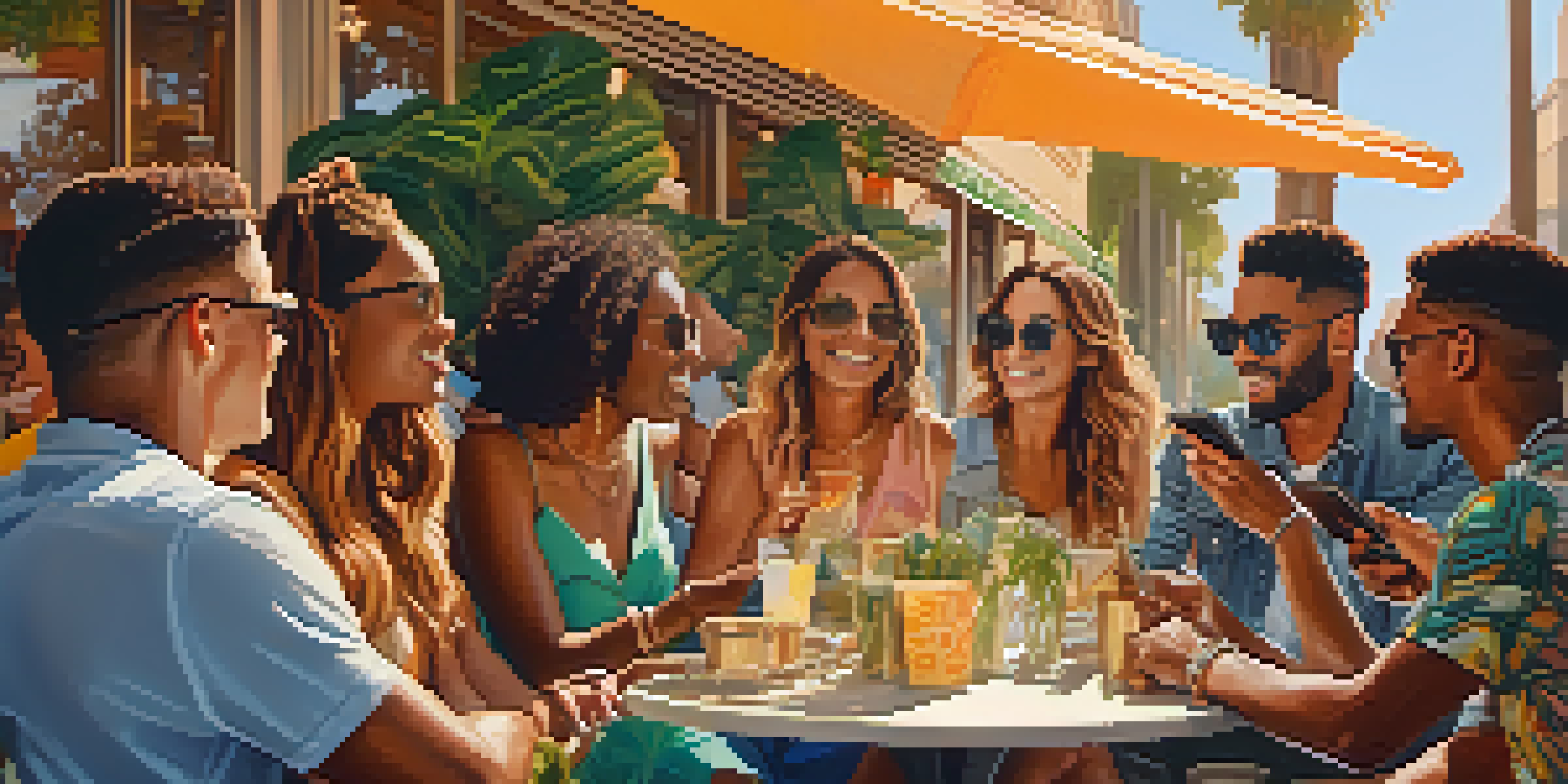 A lively outdoor café scene in Los Angeles with diverse influencers interacting with followers, set in warm sunlight with colorful decor.