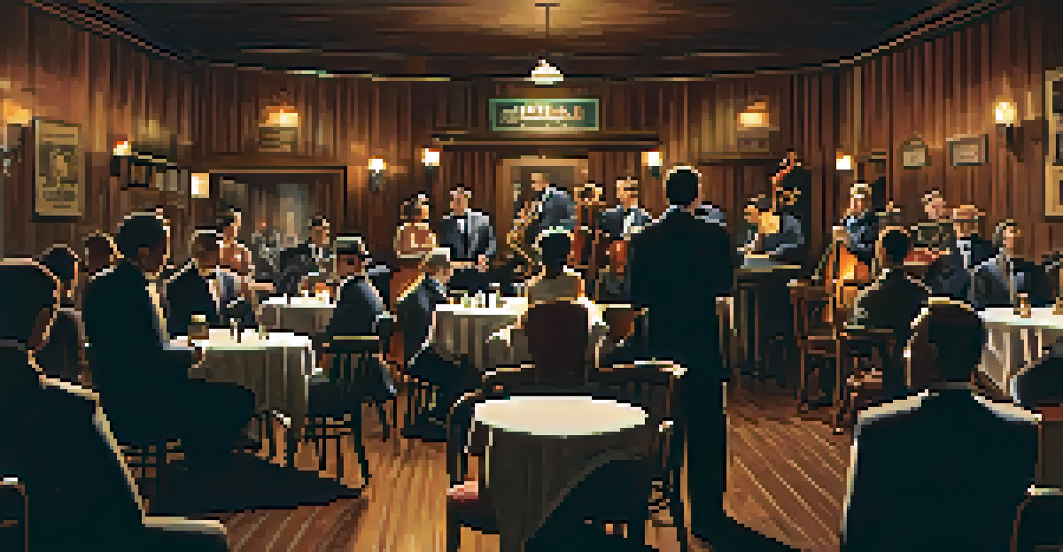 An intimate 1930s jazz club with a band performing on stage and an engaged audience in a cozy setting.