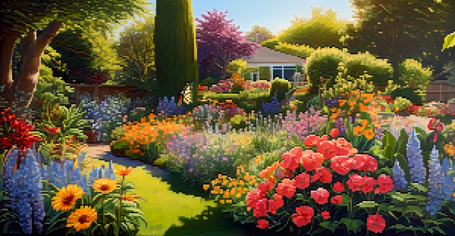 A colorful garden with various flowers and pollinators.