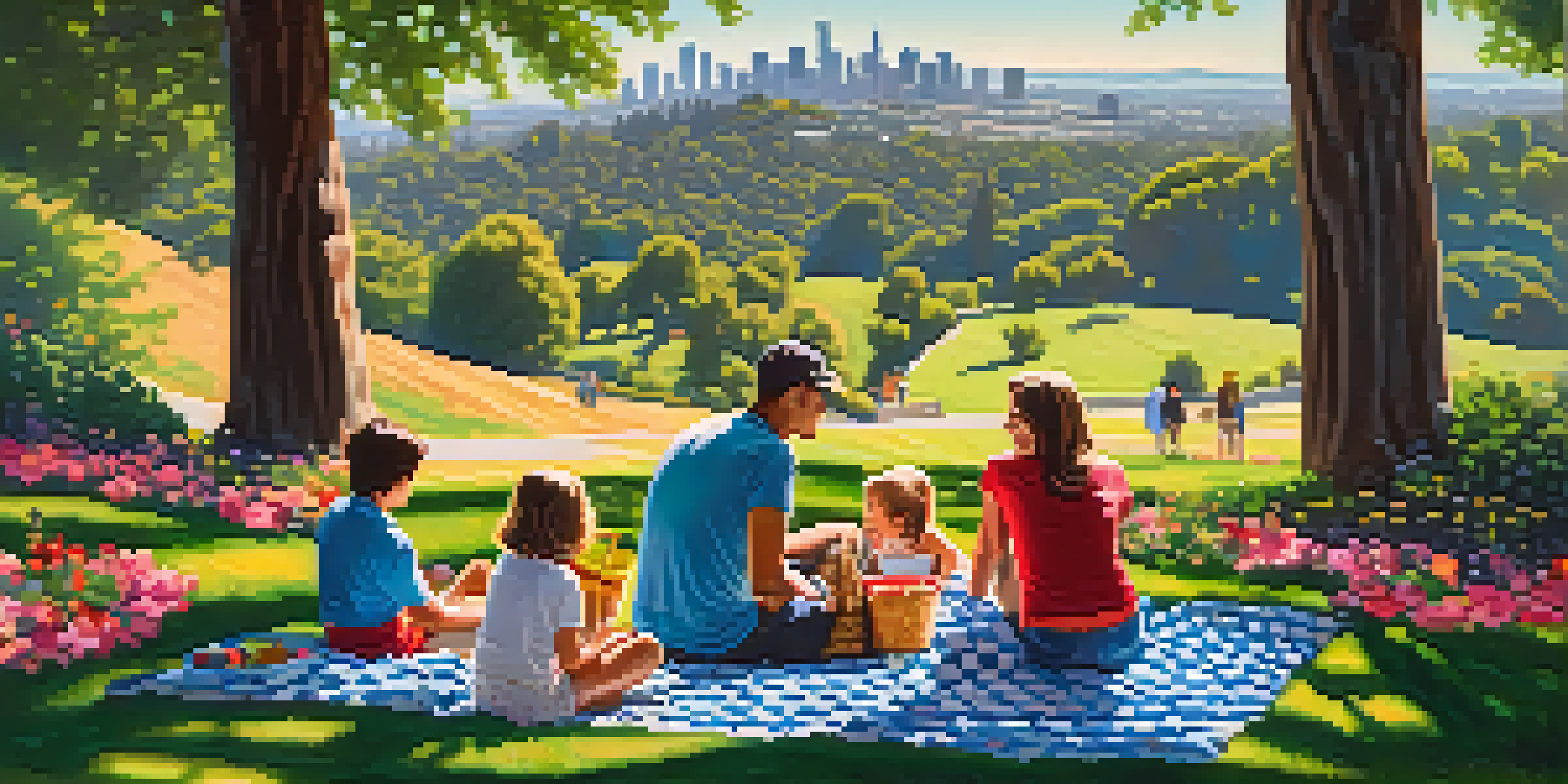 A family having a picnic in Griffith Park with the Griffith Observatory in the background.