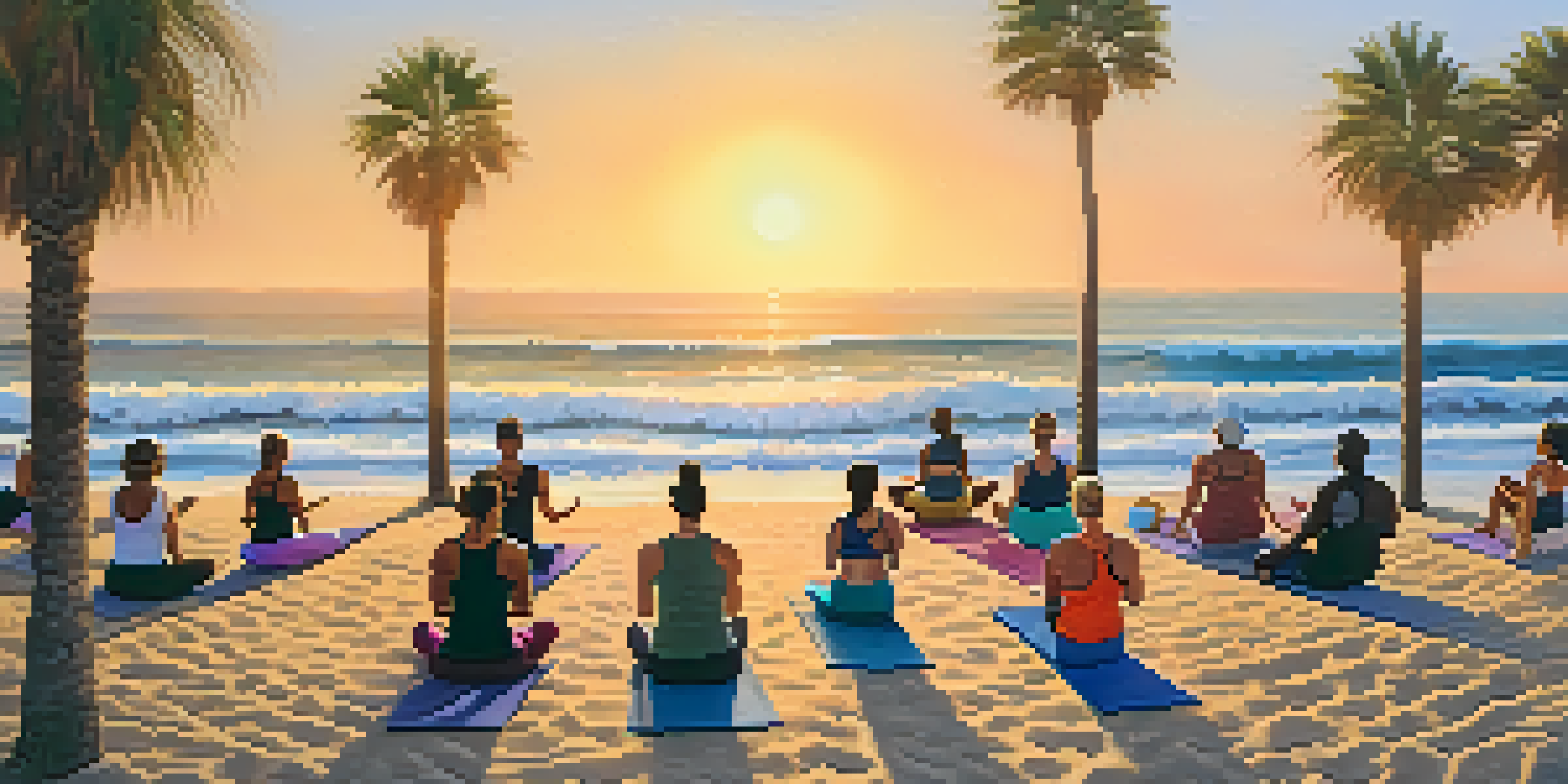 A diverse group of people doing yoga on the beach during sunrise, with palm trees and ocean waves in the background.