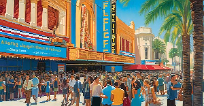 A lively outdoor scene of the Los Angeles Film Festival, showcasing diverse people and colorful film banners at a historic theater.