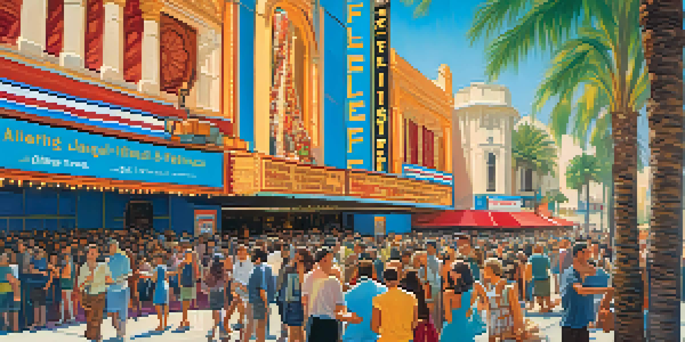 A lively outdoor scene of the Los Angeles Film Festival, showcasing diverse people and colorful film banners at a historic theater.