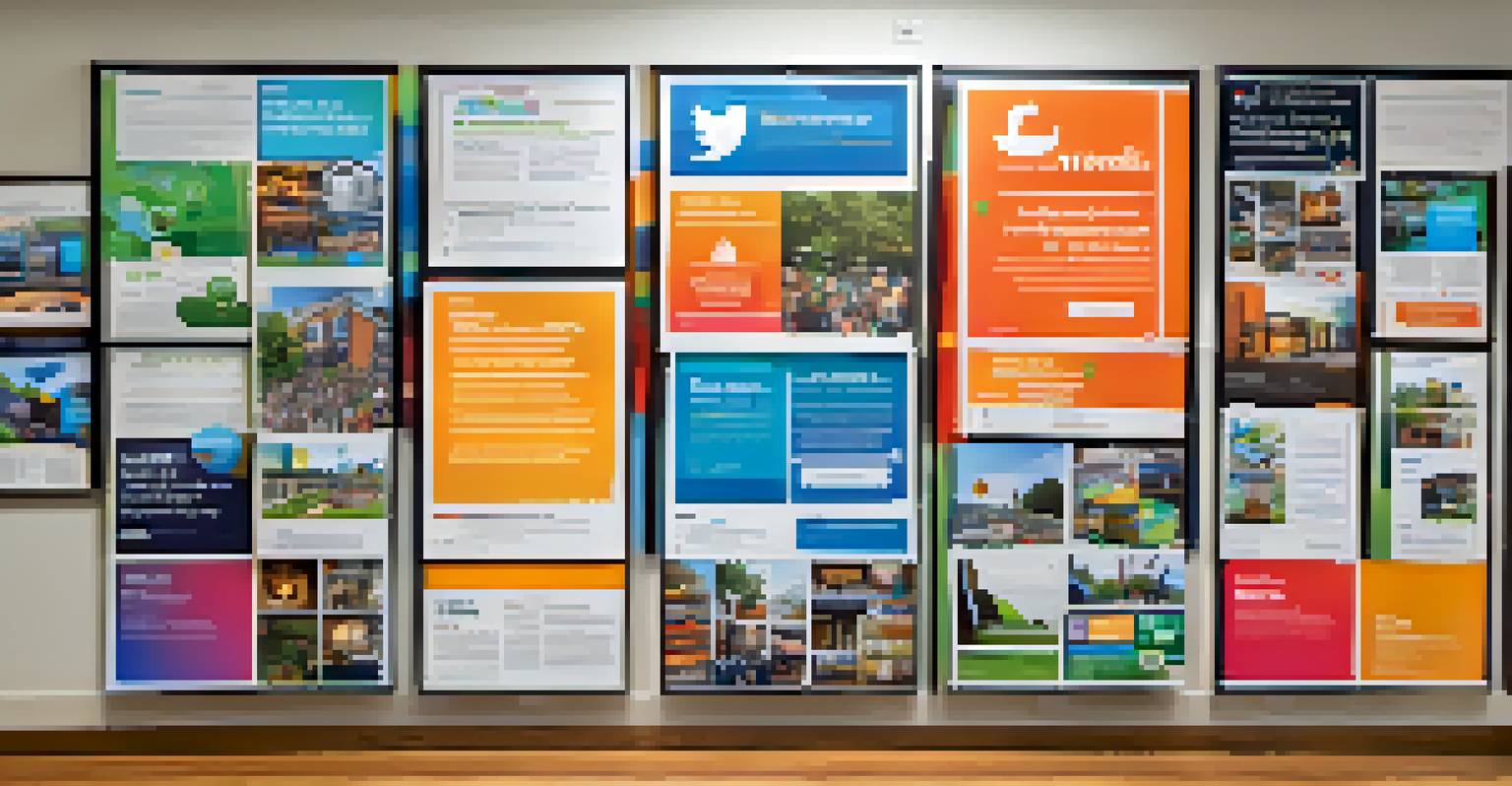 A collage of social media posts promoting neighborhood coalition activities in a modern workspace.