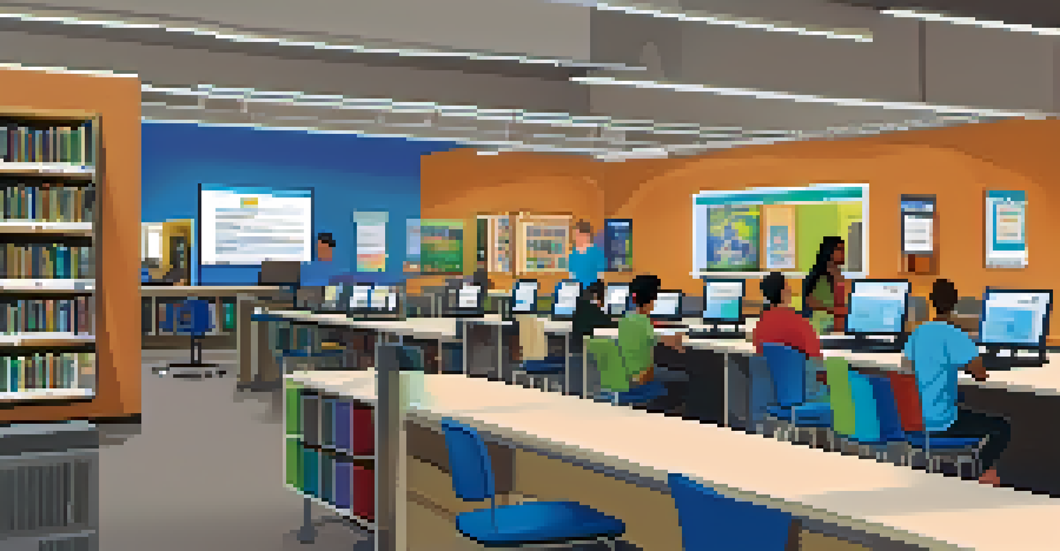 A modern public library computer station with patrons accessing digital resources in a bright and inviting space.