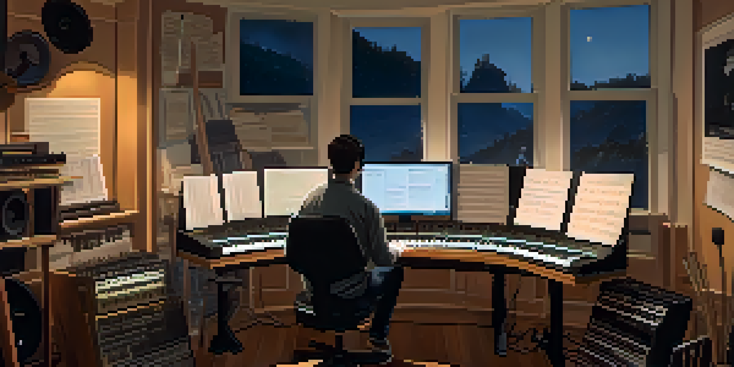 A film composer in a studio surrounded by instruments and sheet music, immersed in the composition process.