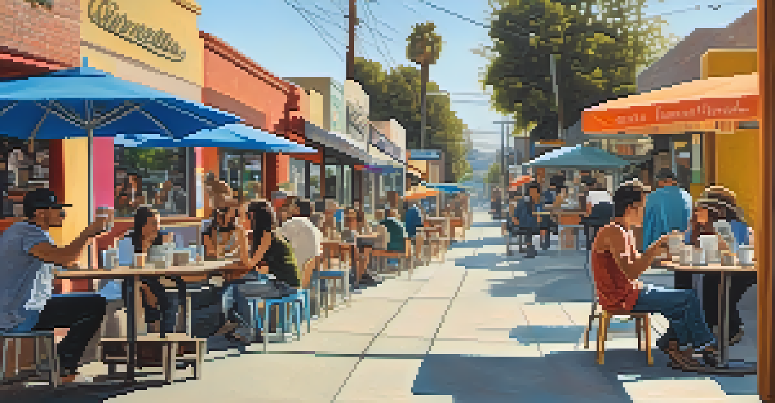 A lively street scene in Silver Lake, filled with cafes, vintage shops, and colorful murals, with people enjoying coffee and artists at work.
