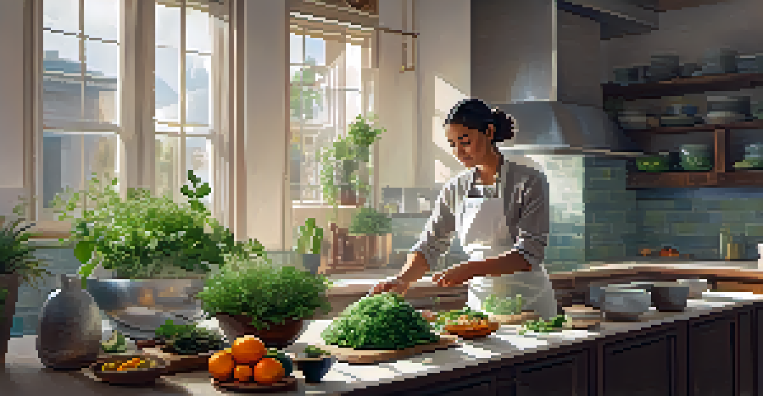 A chef preparing a vibrant plant-based dish in a well-lit kitchen, surrounded by fresh ingredients.