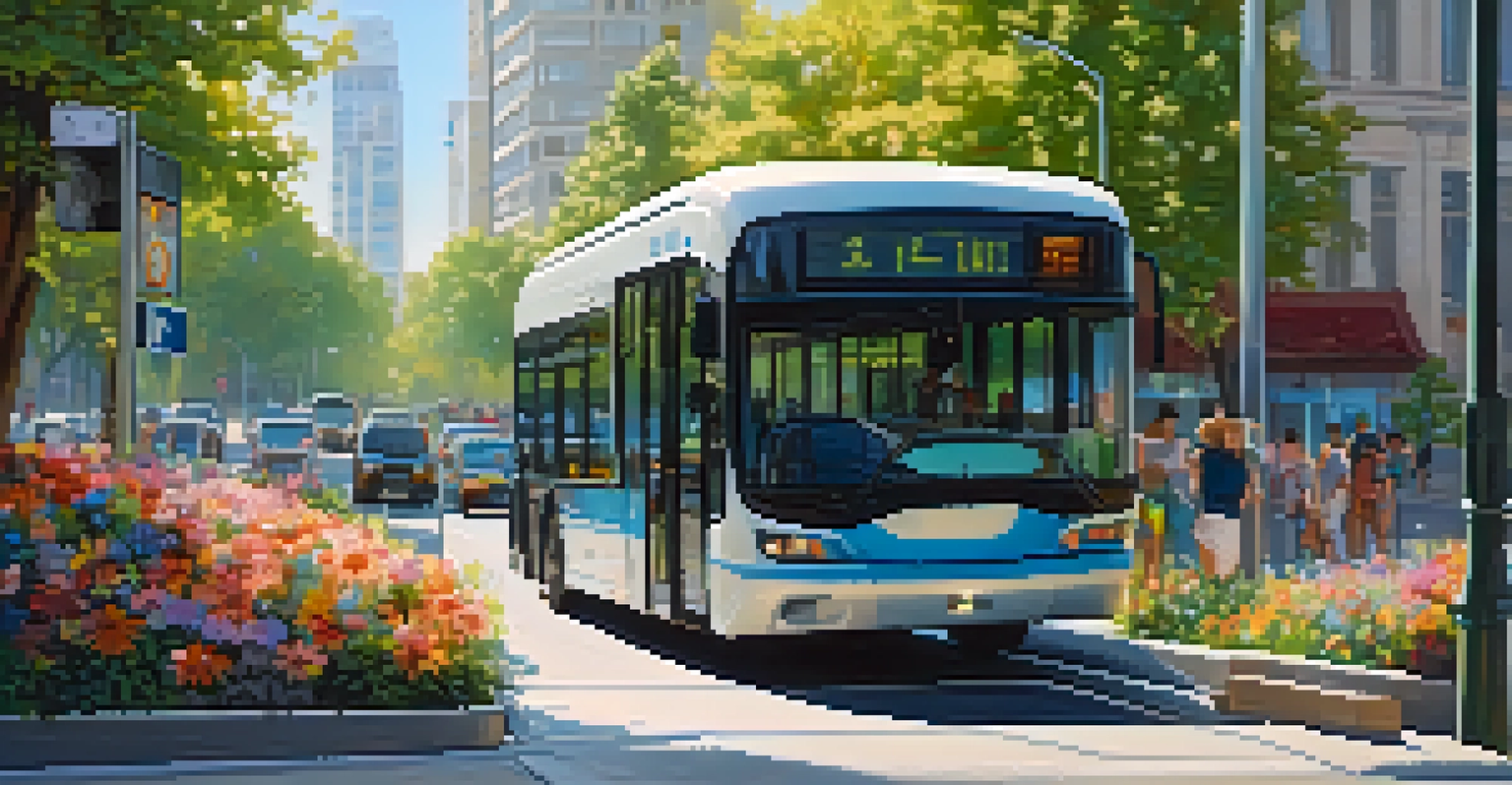 A modern electric bus at a bus stop on a serene city street, surrounded by greenery and colorful flowers.