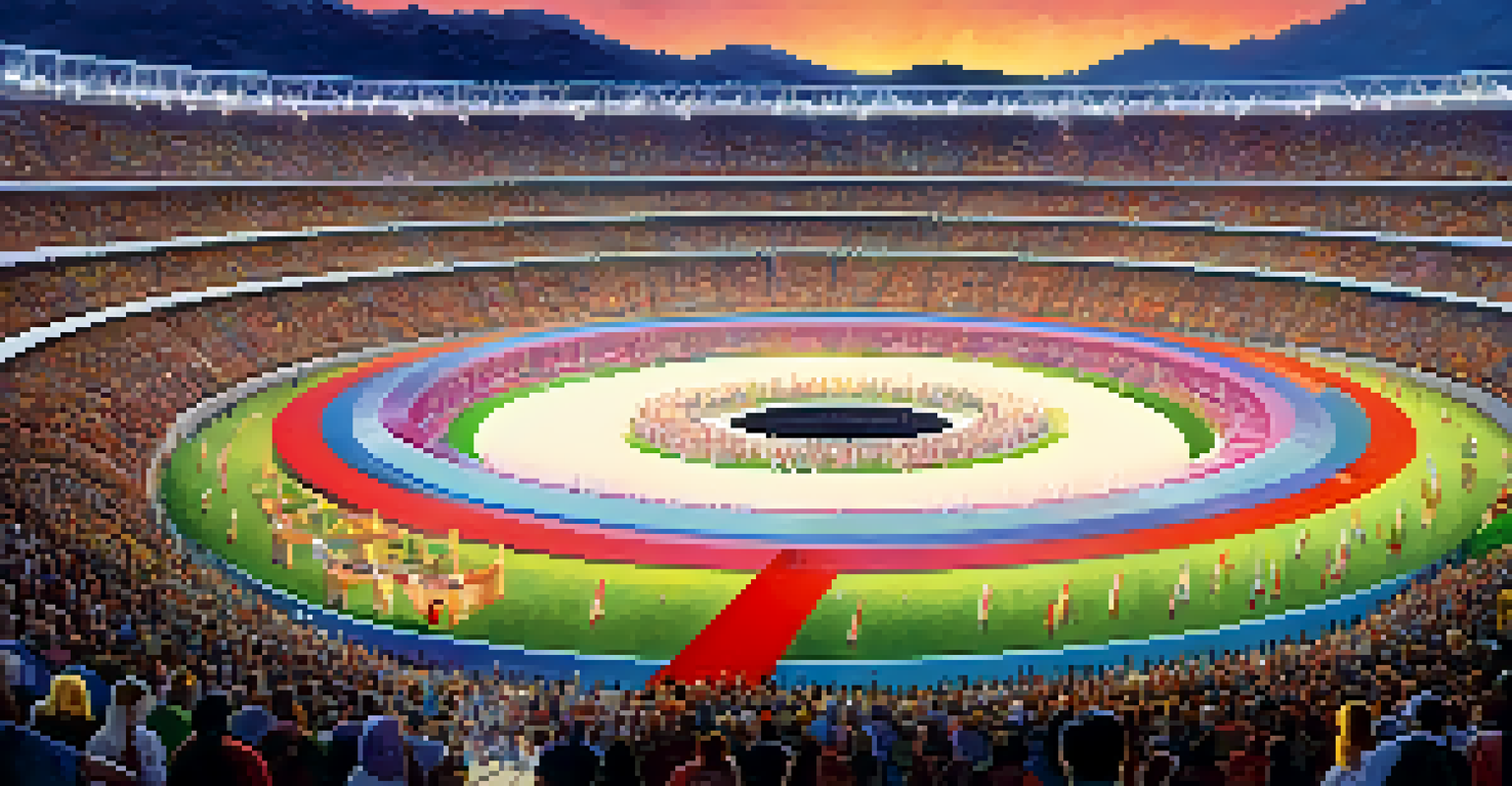 An expansive image of the opening ceremony of the 1984 Olympics in Los Angeles, highlighting diverse performers and illuminated Olympic rings.
