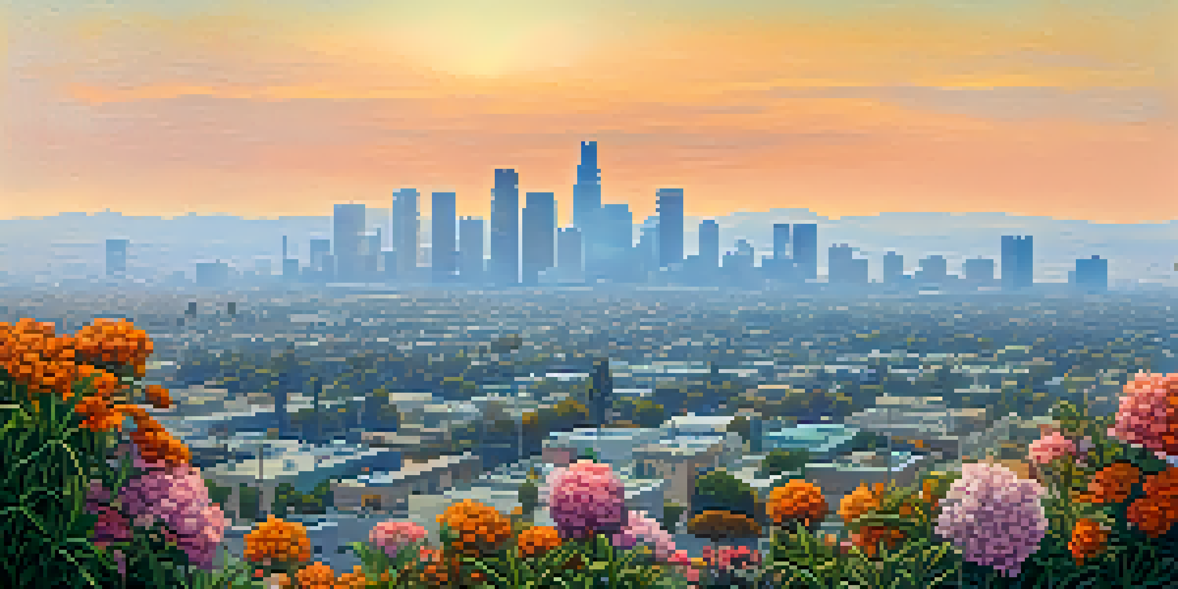 A panoramic view of Los Angeles skyline shrouded in smog, with busy streets in the foreground and colorful flowers in a park.