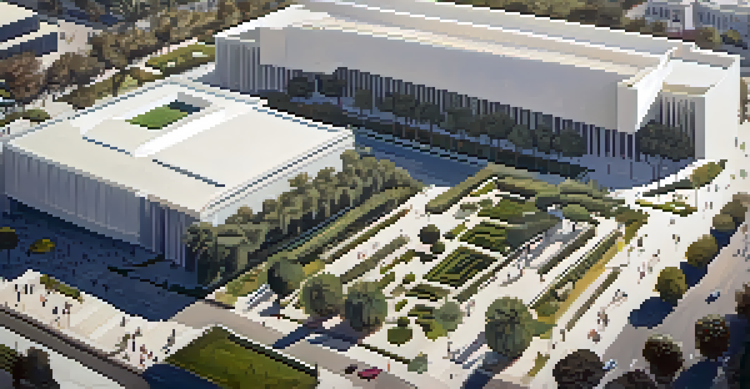 An aerial view of LACMA displaying its diverse architectural styles and lush gardens under bright sunlight.