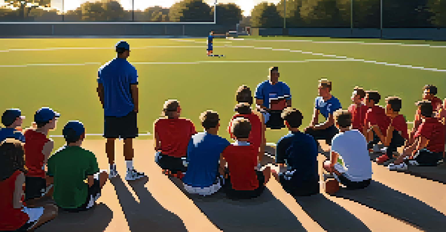 A youth sports coach mentoring young athletes after practice on a sports field, highlighting guidance and support.