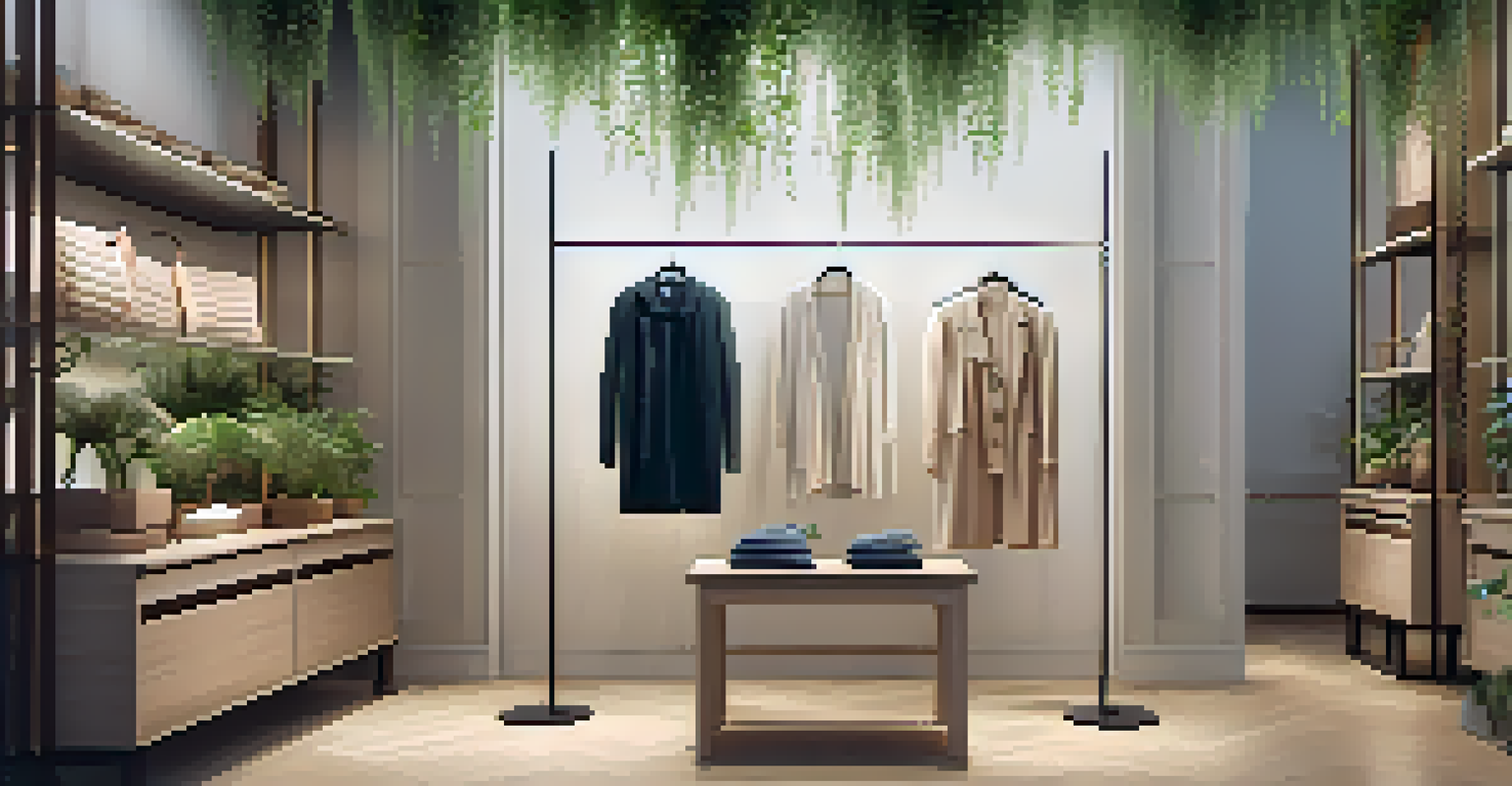 A boutique showcasing ethically produced clothing on wooden racks, surrounded by greenery and soft lighting.